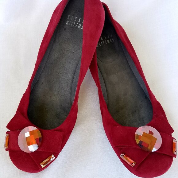 Stuart Weitzman Red Suede Leather Ballet Flats Gem Jewel Made in Spain Size 5.5M - Picture 2 of 11